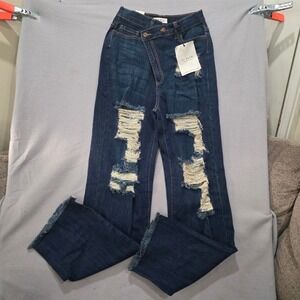 AP Blue Distressed Crossover Waist Wide Leg Jeans Dark Wash Y2K Shredded Size 9